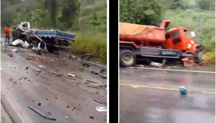 colisão entre dois caminhões deixa duas pessoas feridas na BR-104