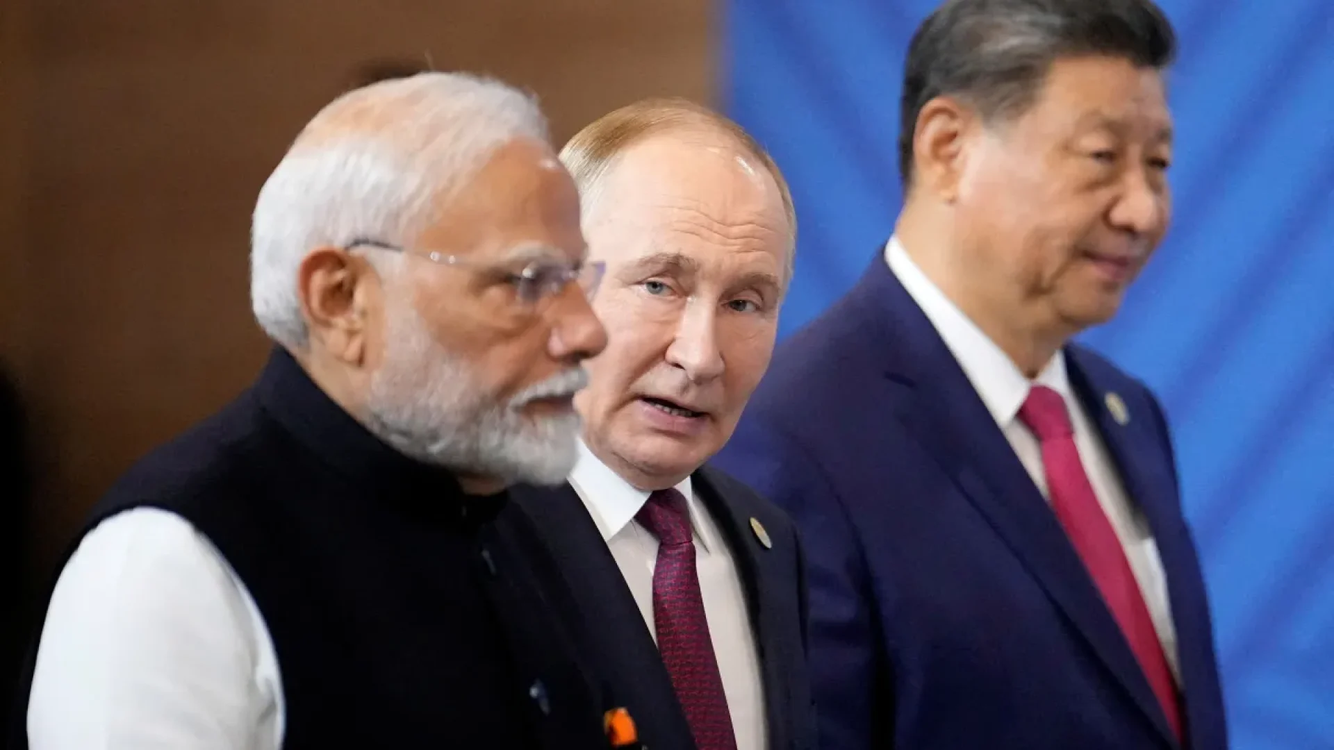 Narendra Modi, Vladimir Putin e Xi Jinping em Kazan, na Rússia 23/10/2024 Alexander Zemlianichenko/Pool via REUTERS  • Reuters